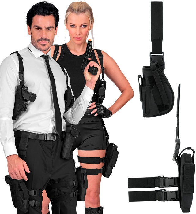 Schwarzes taktisches Holster am linken Bein getragen