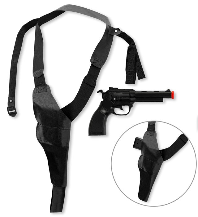 Pistolenholster mit 21,5 cm Spielzeugpistole auf schwarzem Gürtel