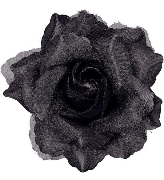Schwarze Haarspange mit Rosenverzierung auf hellem Hintergrund