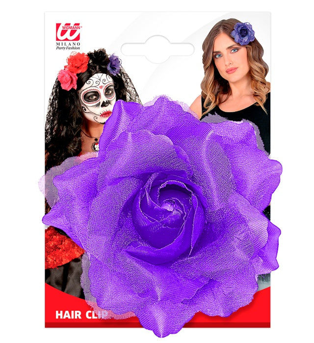 Haarspange mit violetter Rosenblüte als Fasnacht und Halloween Accessoire