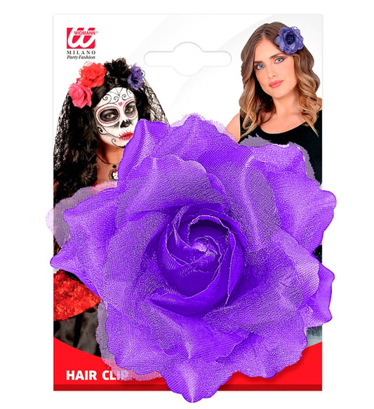 Haarspange mit violetter Rosenblüte als Fasnacht und Halloween Accessoire