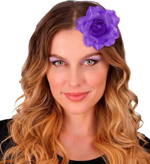 Haarspange mit violetter Rosenblüte als Fasnacht und Halloween Accessoire