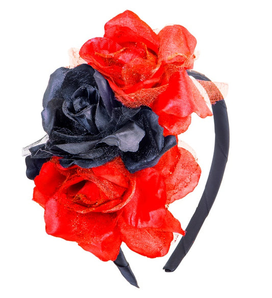 Schwarzer Haarreif mit drei roten Rosen als dekoratives Fasnachts-Accessoire