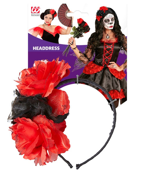 Schwarzer Haarreif mit drei roten Rosen als dekoratives Fasnachts-Accessoire