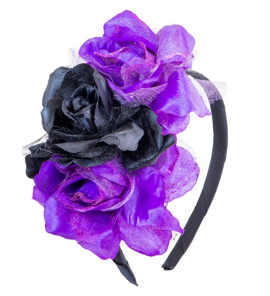 Schwarzer Haarreif mit drei violetten und schwarzen Rosen als Kostümzubehör