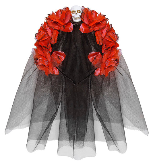 Schwarzer Haarreif mit sechs roten Rosen, Totenkopf-Design und zartem Schleier