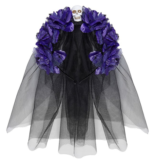 Haarreif mit sechs violetten Rosen, Totenkopf und schwarzem Schleier als Halloween-Accessoire