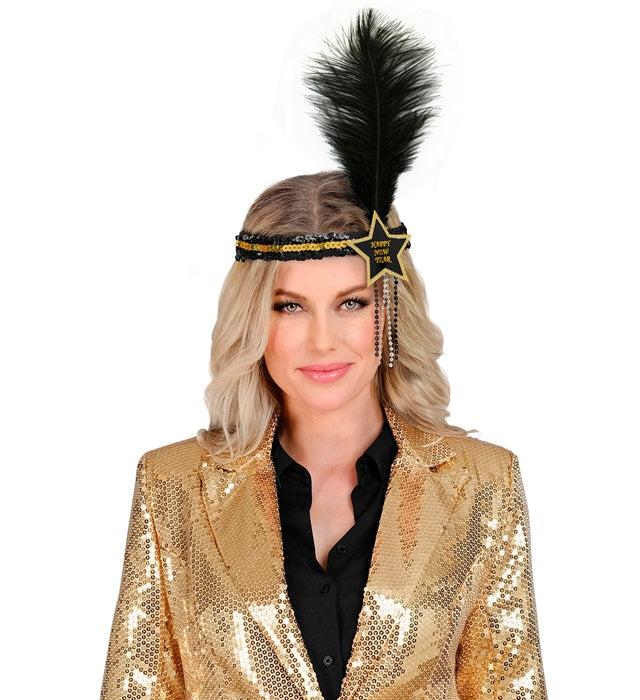 Gold-schwarzes Haarband mit funkelndem Stern aus Pailletten und schwarzen Federn