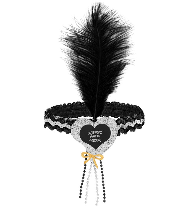 Silber-schwarzes Haarband mit Paillettenherz und Feder als festliches Accessoire