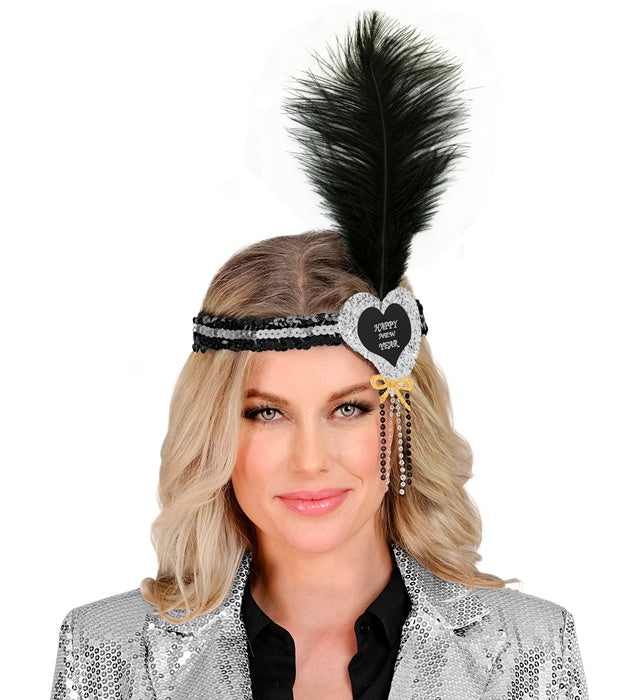 Silber-schwarzes Haarband mit Paillettenherz und Feder als festliches Accessoire