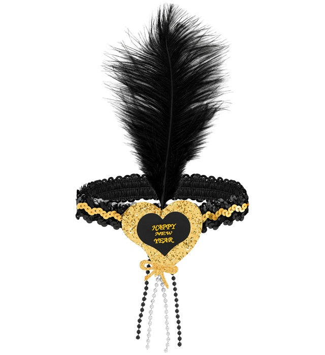 Gold-schwarzes Haarband mit Herz aus Sequins und Feder als festliches Accessoire