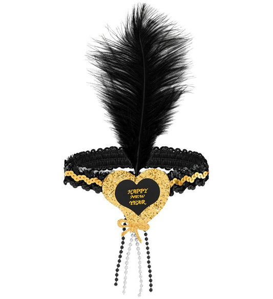 Gold-schwarzes Haarband mit Herz aus Sequins und Feder als festliches Accessoire