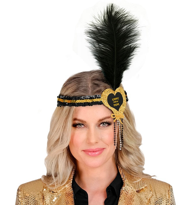 Gold-schwarzes Haarband mit Herz aus Sequins und Feder als festliches Accessoire