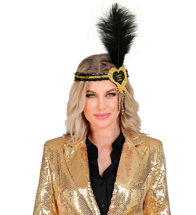 Gold-schwarzes Haarband mit Herz aus Sequins und Feder als festliches Accessoire