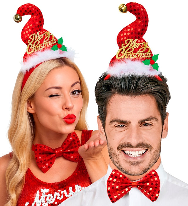 Weihnachtsmann Minihut aus roten Pailletten mit Glöckchen und schwarzer Fliege