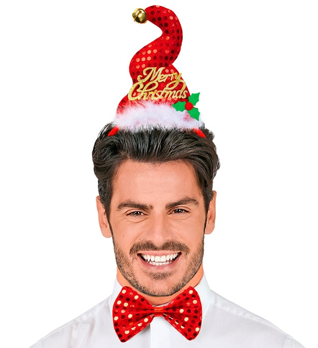 Weihnachtsmann Minihut aus roten Pailletten mit Glöckchen und schwarzer Fliege
