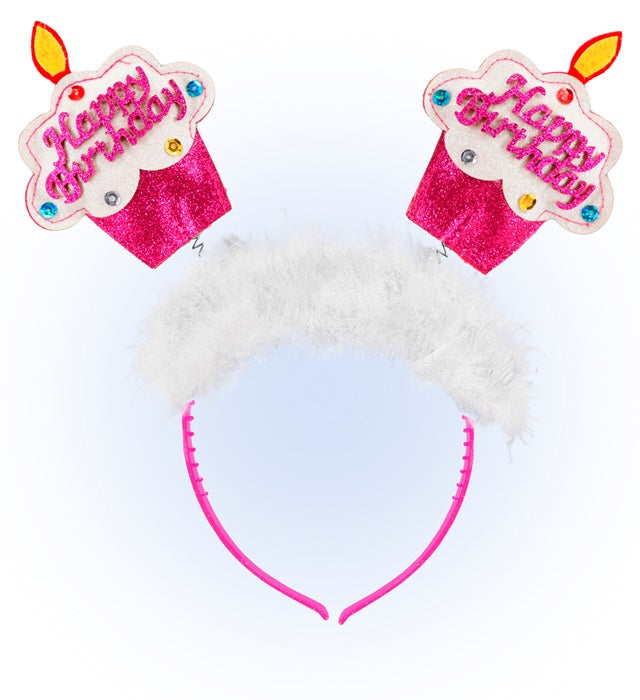 Rosa Haarreif mit Happy Birthday Kuchen und Marabu-Federn für Kinder