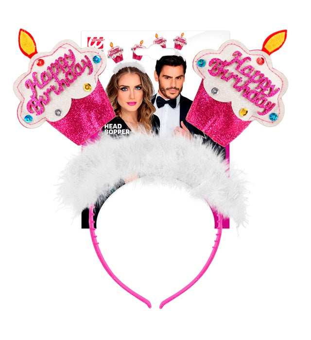 Rosa Haarreif mit Happy Birthday Kuchen und Marabu-Federn für Kinder
