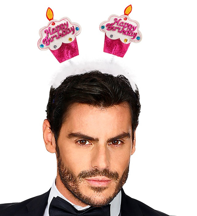 Rosa Haarreif mit Happy Birthday Kuchen und Marabu-Federn für Kinder