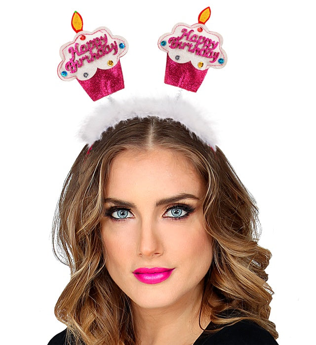 Rosa Haarreif mit Happy Birthday Kuchen und Marabu-Federn für Kinder