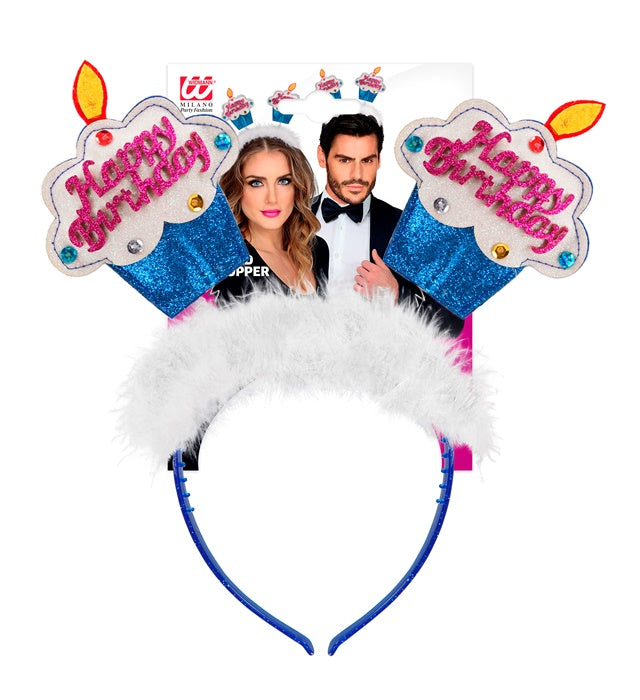 Blauer Happy Birthday Kuchen Haarreif mit Marabu Federn für Kinder