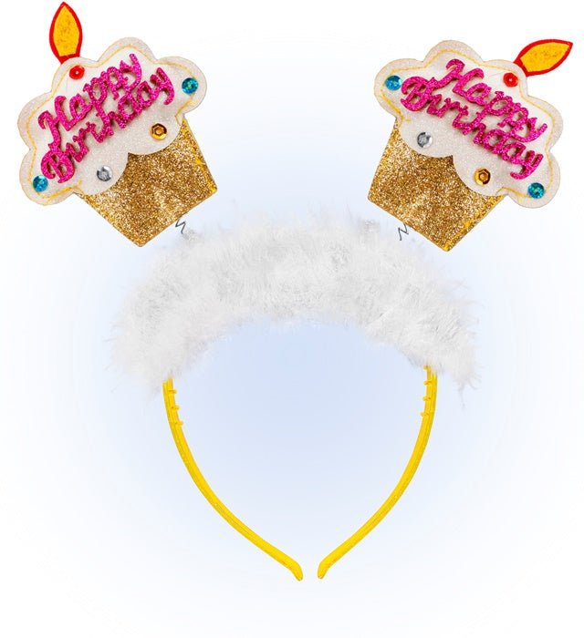 Goldener Happy Birthday Kuchen Haarreif mit Marabu-Federn für Kinder