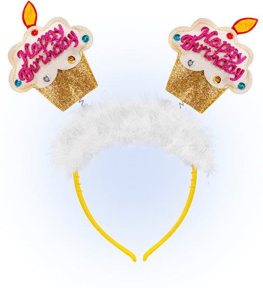 Goldener Happy Birthday Kuchen Haarreif mit Marabu-Federn für Kinder