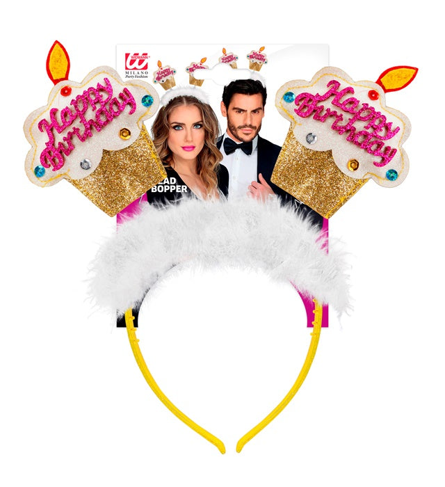 Goldener Happy Birthday Kuchen Haarreif mit Marabu-Federn für Kinder
