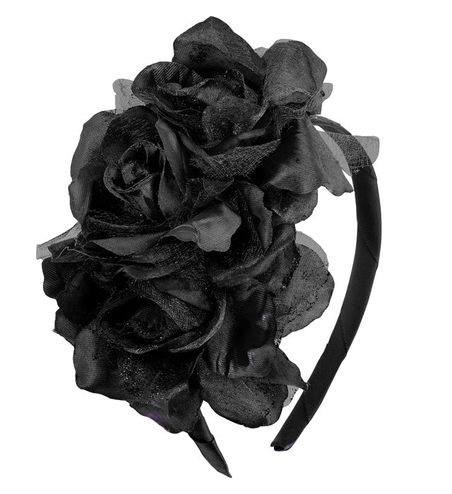 Schwarzer Haarreif mit drei schwarzen Rosen als Kostümaccessoire