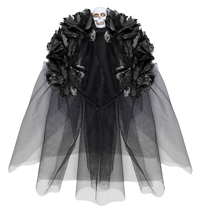 Schwarzer Haareif mit sechs Rosen, Totenkopf und Schleier als Halloween Accessoire