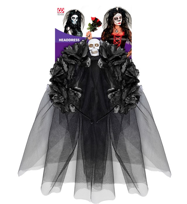 Schwarzer Haareif mit sechs Rosen, Totenkopf und Schleier als Halloween Accessoire