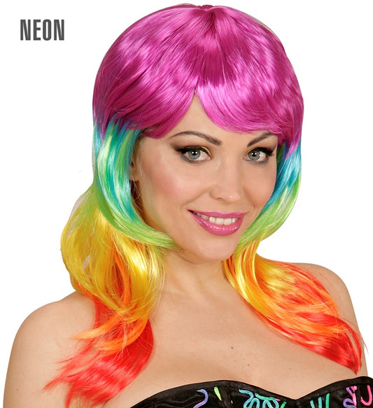 Regenbogenfarbene Punk-Perücke mit stacheligem Design in Box