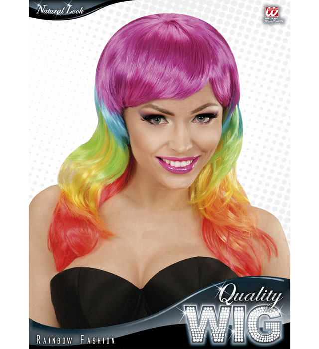 Regenbogenfarbene Punk-Perücke mit stacheligem Design in Box