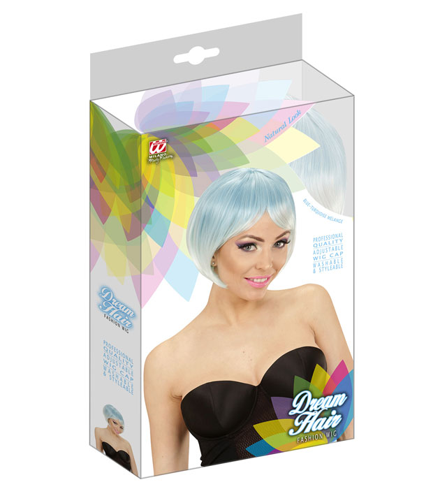 Melange Fashion Perücke in Blau-Türkis auf farbiger Box