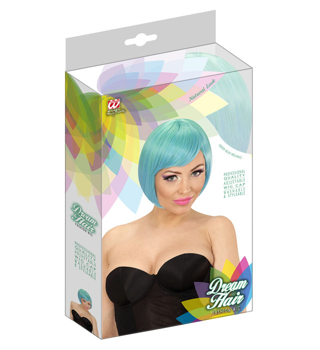 Melange Fashion Perücke in Grün und Blau in farbiger Box