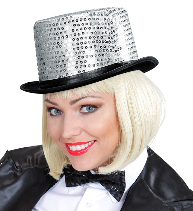 Silberner Pailletten-Zylinder 11 cm als funkelndes Fasnacht-Accessoire