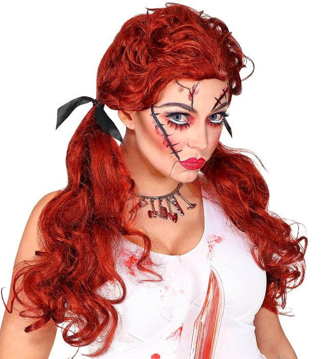 Killer Doll Perücke mit zerzausten schwarzen Haaren in Box für Halloween und Fasnacht