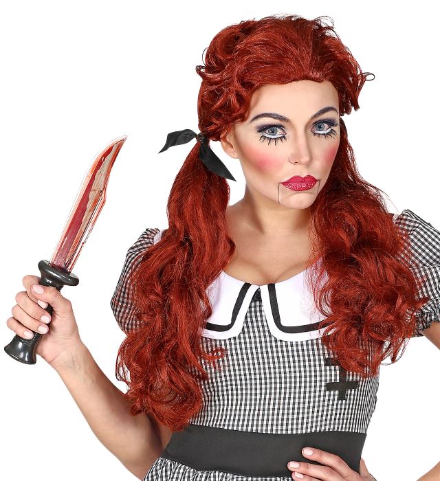 Killer Doll Perücke mit zerzausten schwarzen Haaren in Box für Halloween und Fasnacht