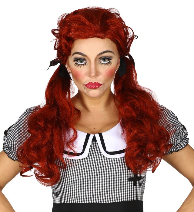Killer Doll Perücke mit zerzausten schwarzen Haaren in Box für Halloween und Fasnacht