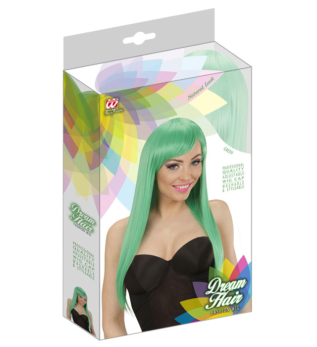 Leuchtend grüne Fashion-Perücke in farbiger Verpackung für Fasnacht und Karneval