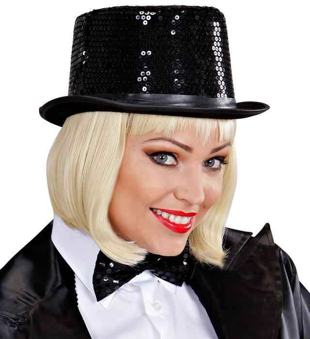 Schwarzer Pailletten-Zylinder 11 cm als Fasnacht-Accessoire
