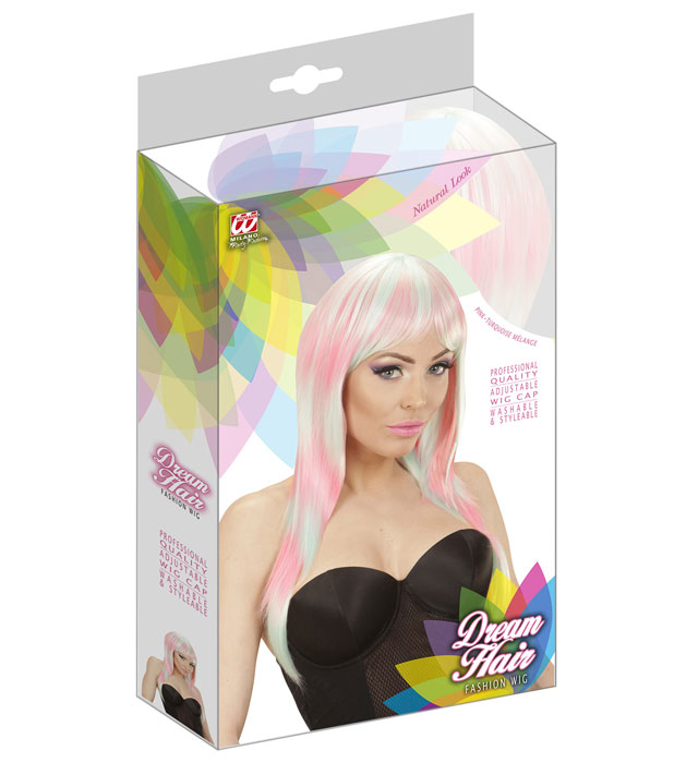 Melange Fashion Perücke in Rosa und Türkis in farbiger Box