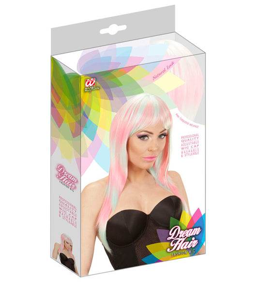 Melange Fashion Perücke in Rosa und Türkis in farbiger Box