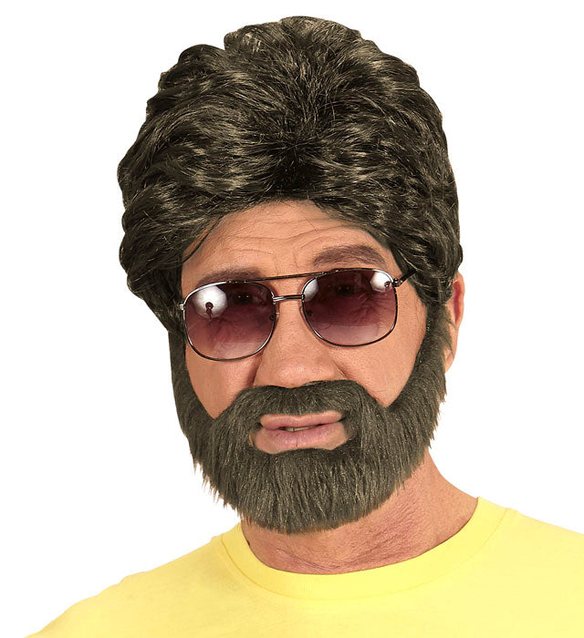 Braune Dude-Perücke mit Bart in Geschenkbox für Fasnacht