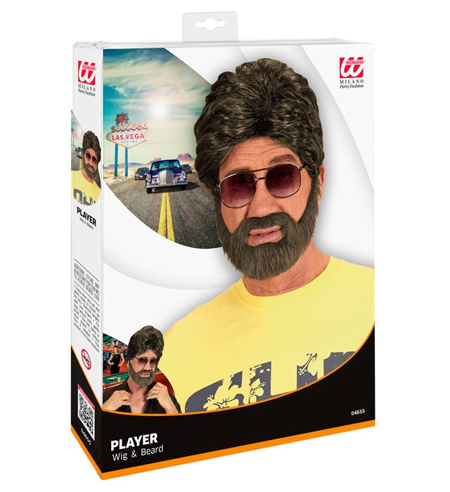 Braune Dude-Perücke mit Bart in Geschenkbox für Fasnacht