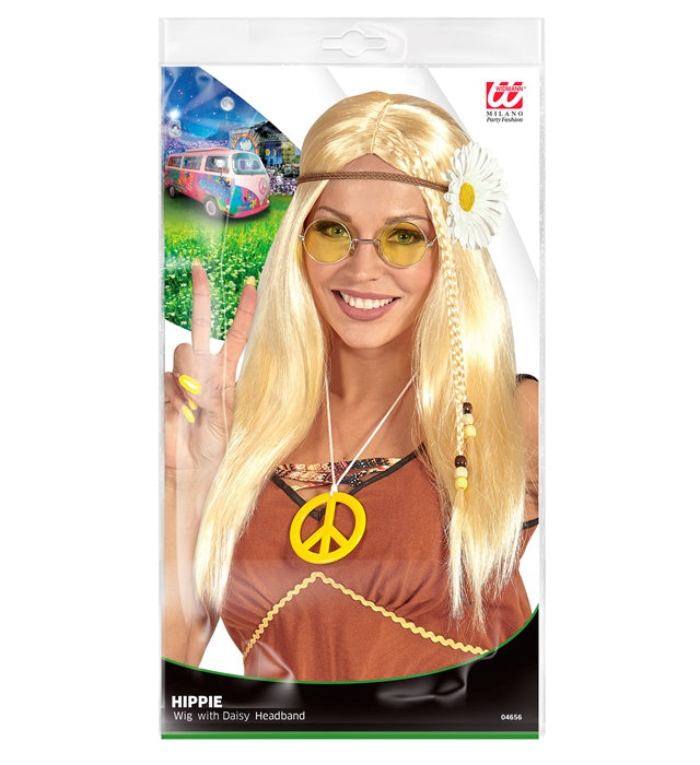 Bunte Hippie-Perücke mit Blumenstirnband auf weissem Hintergrund