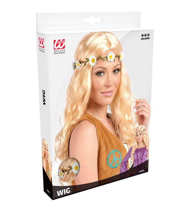 Blonde Hippie-Perücke mit Blumenstirnband für Fasnacht und Mittelalter