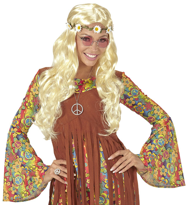 Blonde Hippie-Perücke mit Blumenstirnband für Fasnacht und Mittelalter