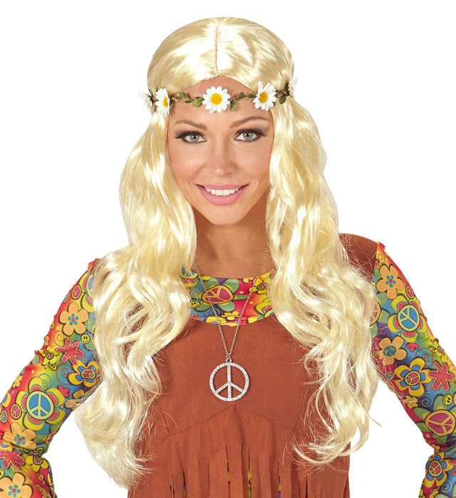 Blonde Hippie-Perücke mit Blumenstirnband für Fasnacht und Mittelalter