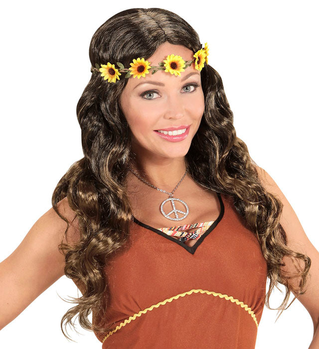 Braune Hippie-Perücke mit Blumenstirnband für Fasnacht und Karneval